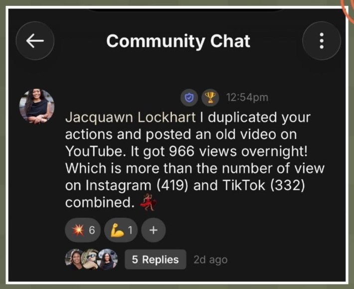 A Brand Mate reporting 966 YouTube views overnight after copying a tactic from the community
