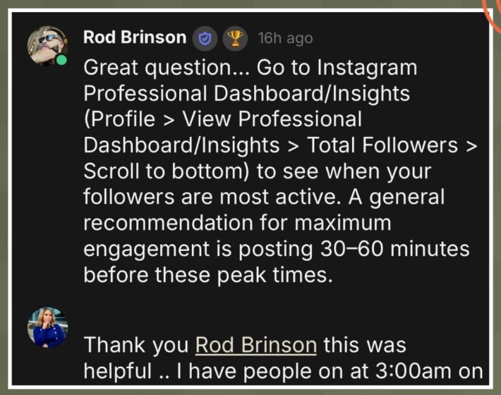 An answer to a member's Instagram analytics question in the community chat
