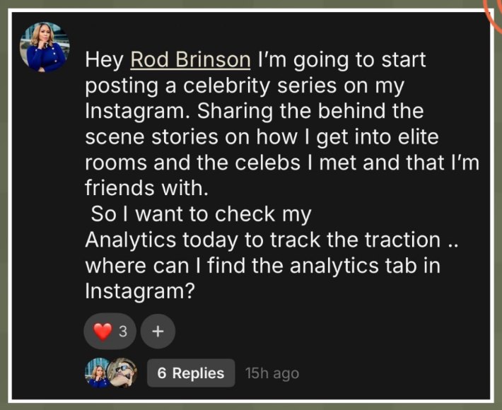 A Brand Mate asking the community where to find Instagram analytics